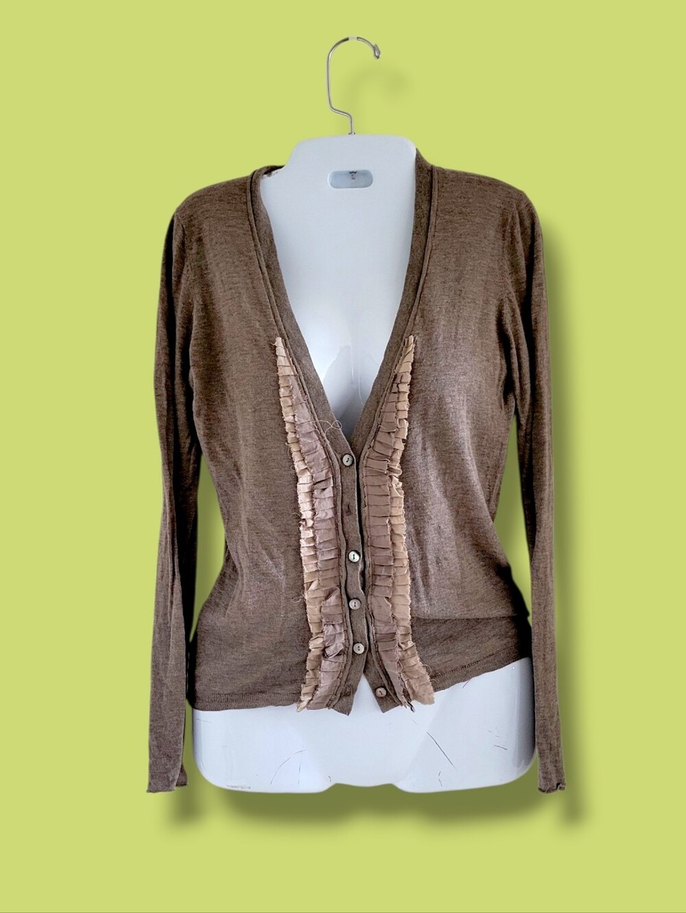 Ann Taylor | Brown 100% Pima Cotton Ruffle Trim Cardigan Sweater (SIZE XSP)